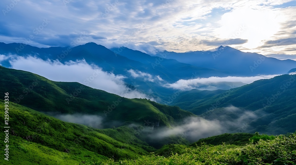 Breathtaking Misty Mountain Landscape at Dawn with Lush Green Hills : Generative AI Breathtaking Misty Mountain Landscape at Dawn with Lush Green Hills : Generative AI