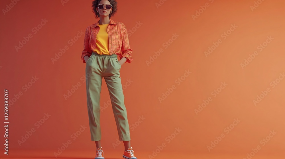 Fashionable model poses confidently against a vibrant orange backdrop, showcasing trendy attire Fashionable model poses confidently against a vibrant orange backdrop, showcasing trendy attire