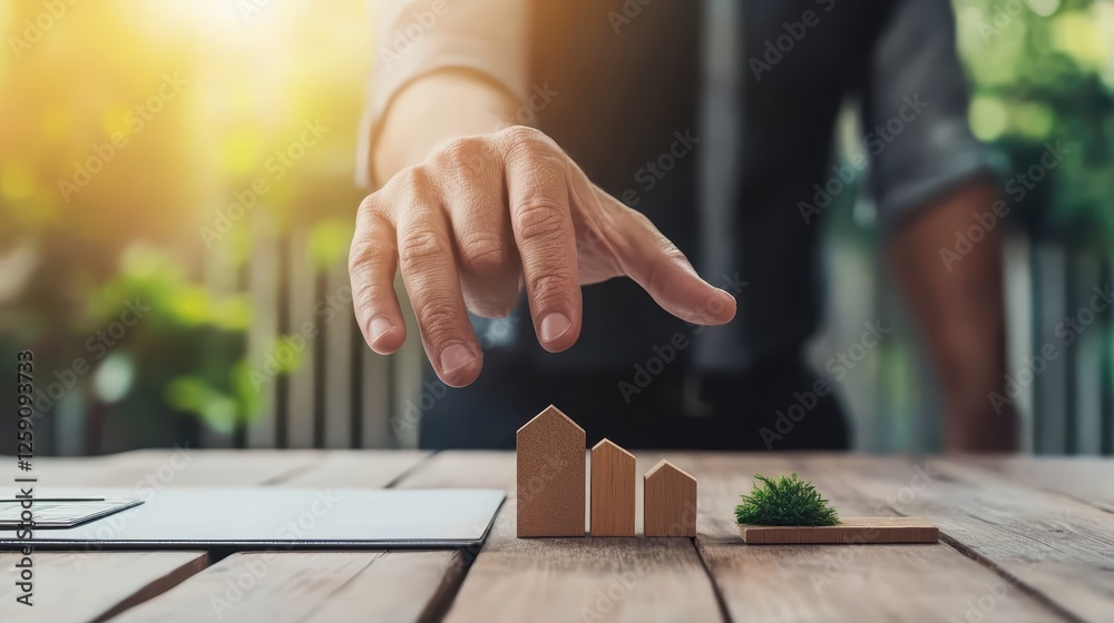 Fototapeta premium Business growth concept with hand reaching miniature buildings on wooden table