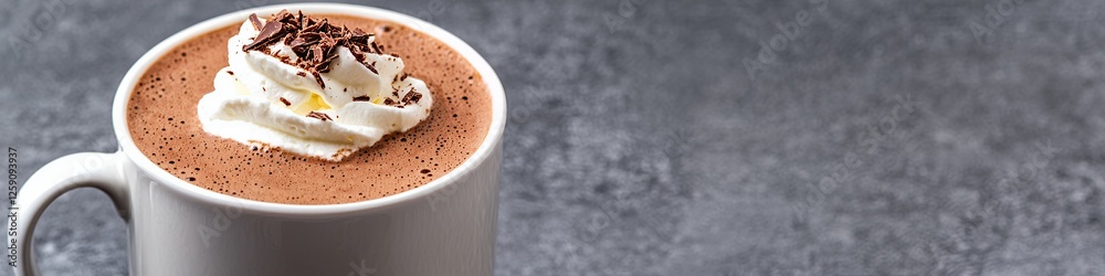 Indulgent Hot Chocolate with Whipped Cream and Chocolate Shavings in a White Mug Indulgent Hot Chocolate with Whipped Cream and Chocolate Shavings in a White Mug