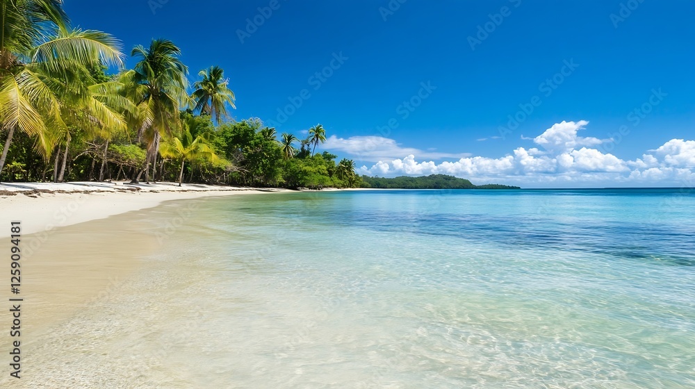 Serene tropical beach with clear turquoise water and palm trees creating a paradise for relaxation and vacation : Generative AI