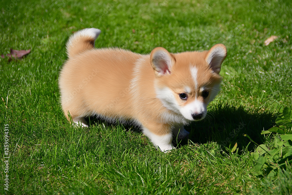 Adorable Corgi puppy playing on the grass, showcasing its playful and cute furry nature.