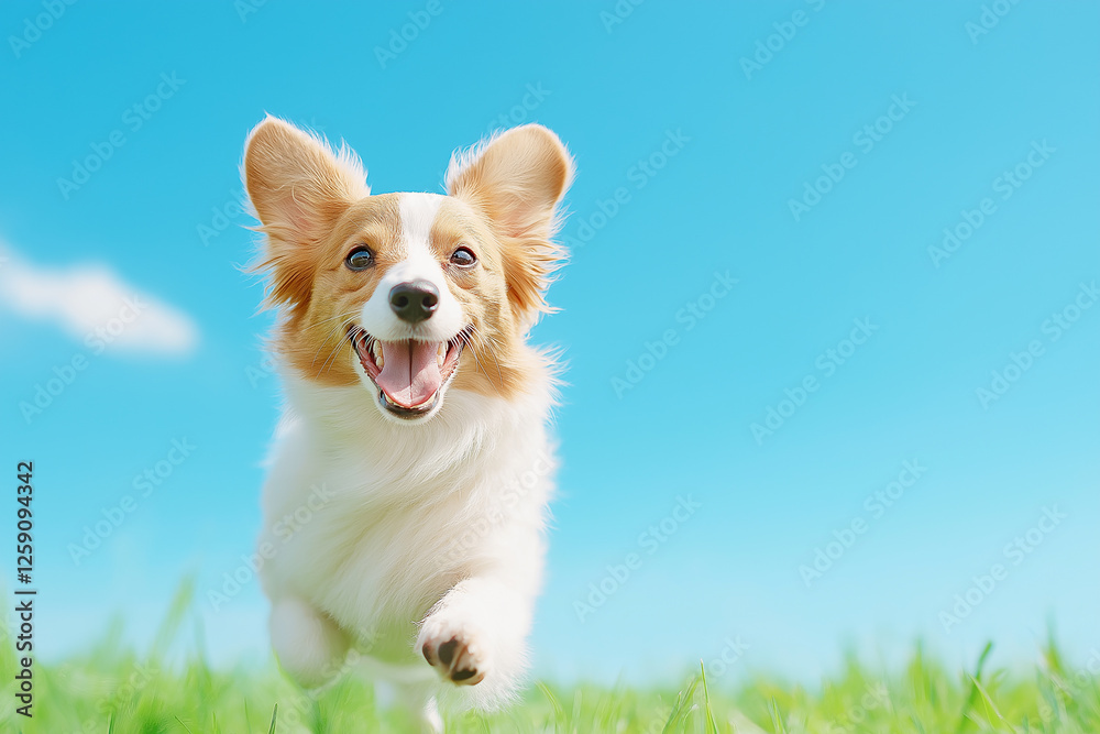 Corgi running on grass, happy dog outdoors, playful sky exercise with pet joy Corgi running on grass, happy dog outdoors, playful sky exercise with pet joy