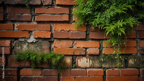 A close up of an aged brick wall featuring patches of green moss and vibrant plants showcasing natures resilience in a cityscape during the day
