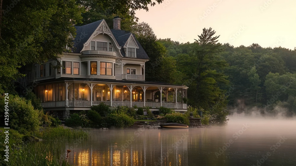 Obraz premium Elegant Victorian lakeside mansion at sunrise