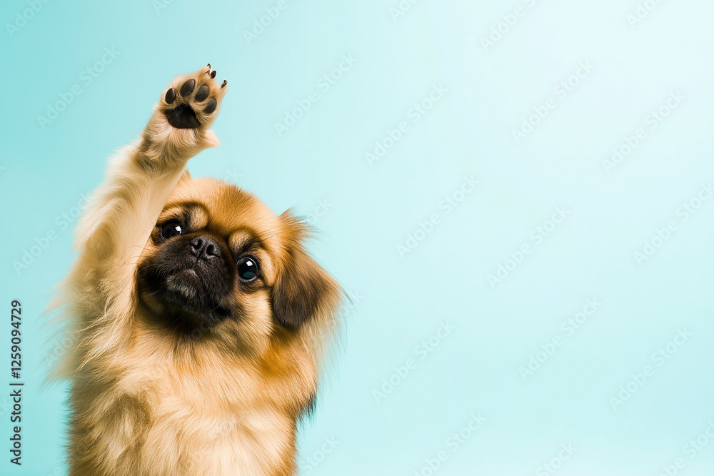 Pekingese puppy dog on blue background - cute pet animal, fluffy and playful, adorable and small Pekingese puppy dog on blue background - cute pet animal, fluffy and playful, adorable and small