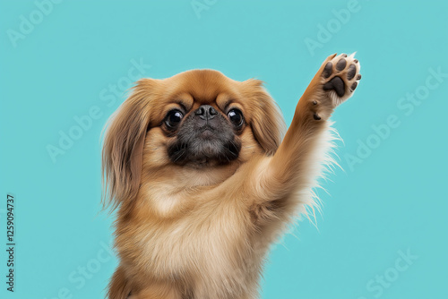 Adorable Pekingese dog puppy with cute eyes and fluffy brown fur posing on a playful background