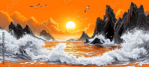 A stunning seascape featuring dramatic rock formations and crashing waves under an orange sunset. Seagulls soar across the vibrant sky, creating a tranquil yet dynamic atmosphere.