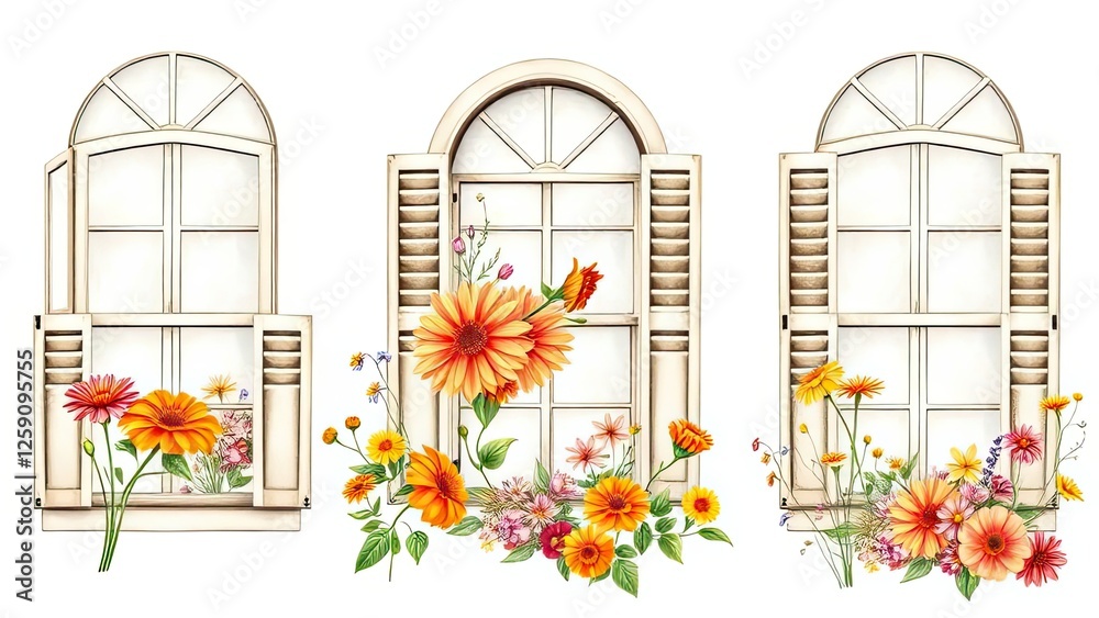 Obraz premium Three Arch Windows with Shutters Colorful Flowers
