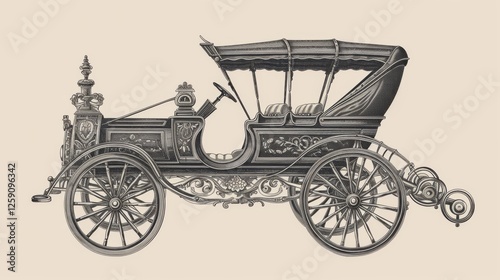 A detailed black-and-white engraving of a vintage carriage featuring ornate decorations and an elegant structure, reminiscent of the 19th-century transportation era. AI generated.