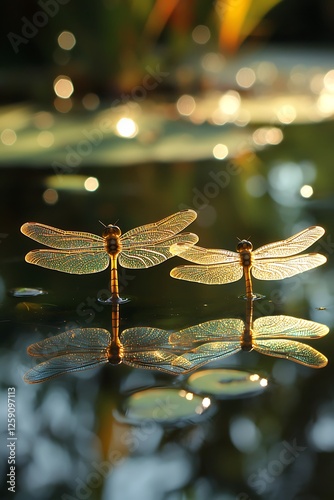 Tranquil pond surrounded by reeds with dragonflies skimming the surface and frogs croaking photo