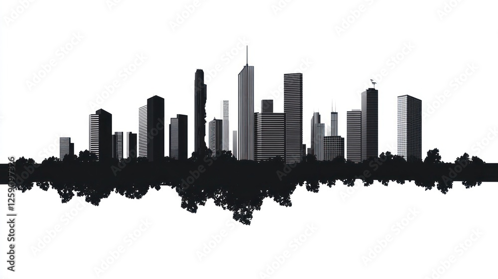 Fototapeta premium Black and White Silhouette: A Cityscape with Trees Under a Clear Sky