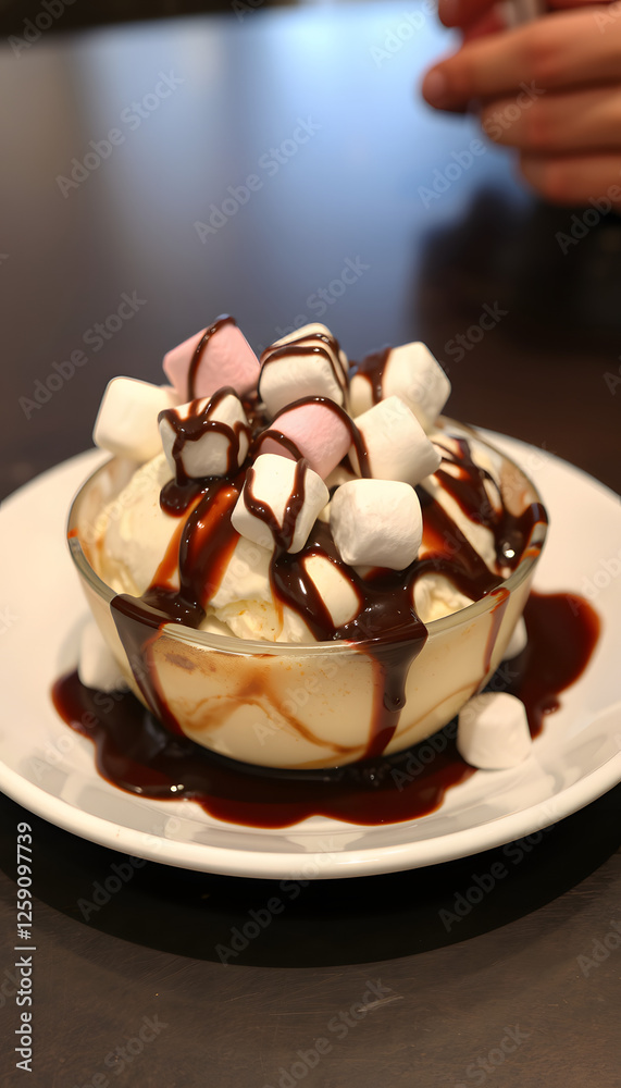 A dessert with chocolate and marshmallows on top of a bowl of ice cream. The dessert is served on a white plate and is topped with chocolate sauce, photo. with white shades A dessert with chocolate and marshmallows on top of a bowl of ice cream. The dessert is served on a white plate and is topped with chocolate sauce, photo. with white shades