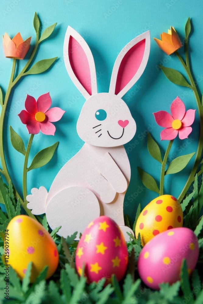 Colorful paper cut rabbit amidst Easter egg cluster , Easter, decoration, eggs Colorful paper cut rabbit amidst Easter egg cluster , Easter, decoration, eggs
