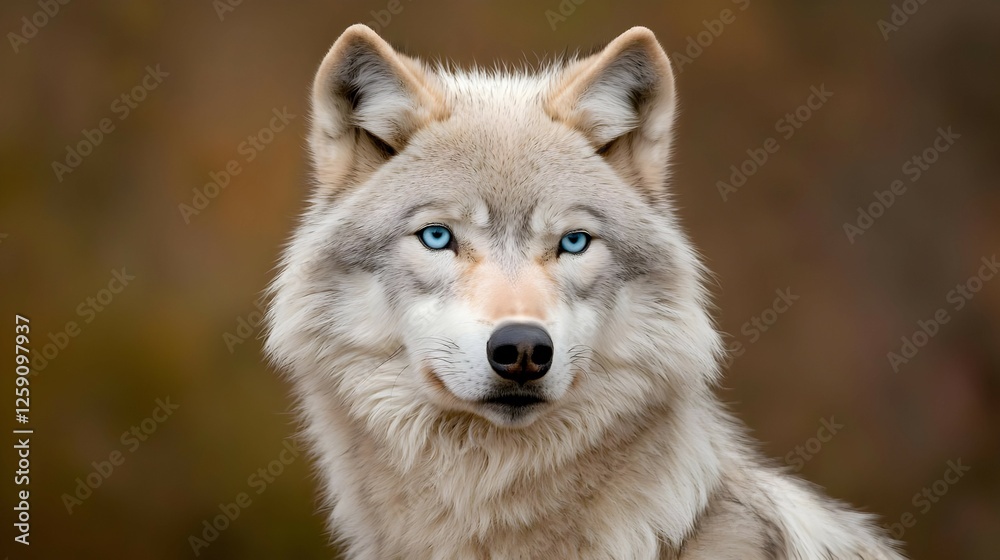 Portrait of a White Wolf with Striking Blue Eyes Against a Brown Blurred Background Portrait of a White Wolf with Striking Blue Eyes Against a Brown Blurred Background