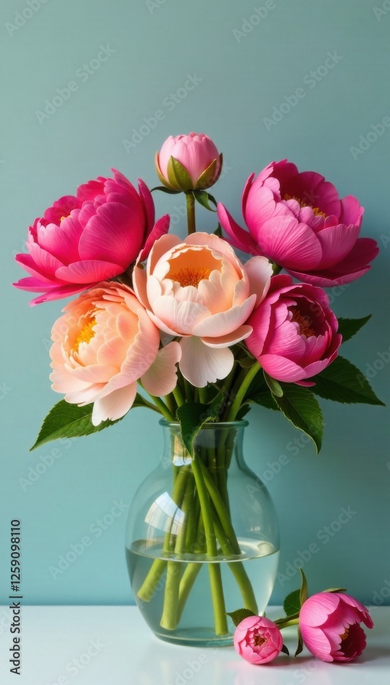 Fototapeta premium Colorful peony flowers in a vase, garden, peonies, colorful