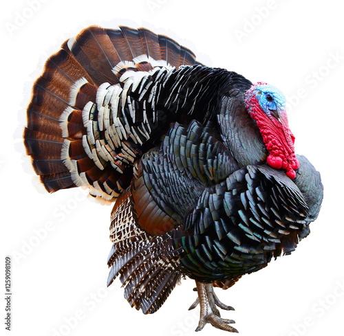 Eastern Wild Turkey male Meleagris gallopavo in full strutting display walking . Domestic turkey isolated on  white background. photo