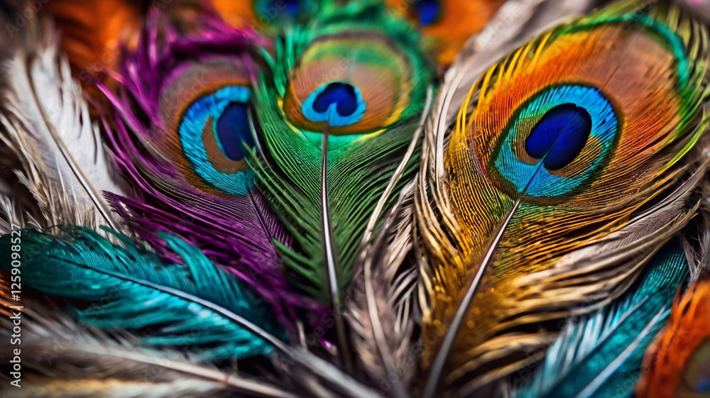 Fototapeta premium Patterns on bird feathers with vibrant peacock colors and fine texture