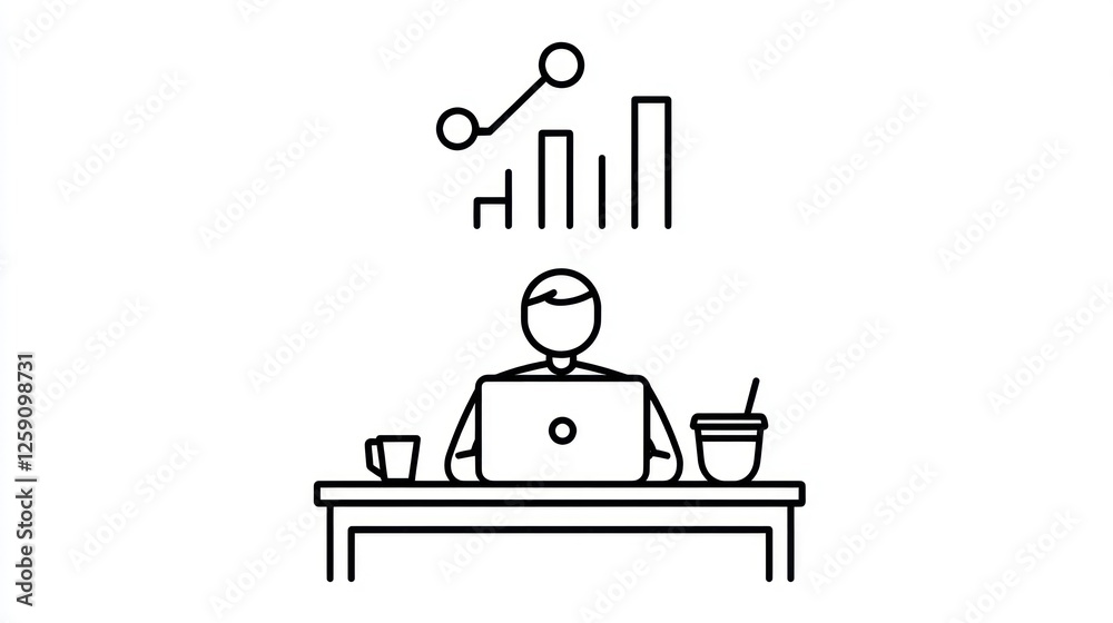 Businessman working on laptop, office scene, data growth Businessman working on laptop, office scene, data growth