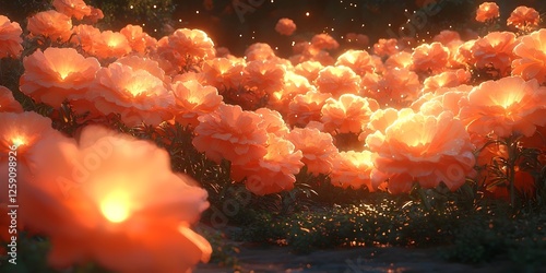 A breathtaking scene of glowing orange flowers in a lush garden, illuminated from within, creating a magical and serene atmosphere filled with soft light and enchanting details.