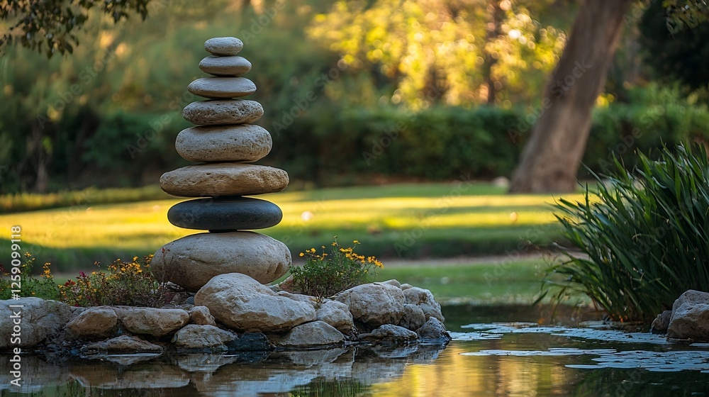 Obraz premium Balanced Stone Stack on a Beautiful Pond Surrounded by Lush Greenery and Natural Light : Generative AI