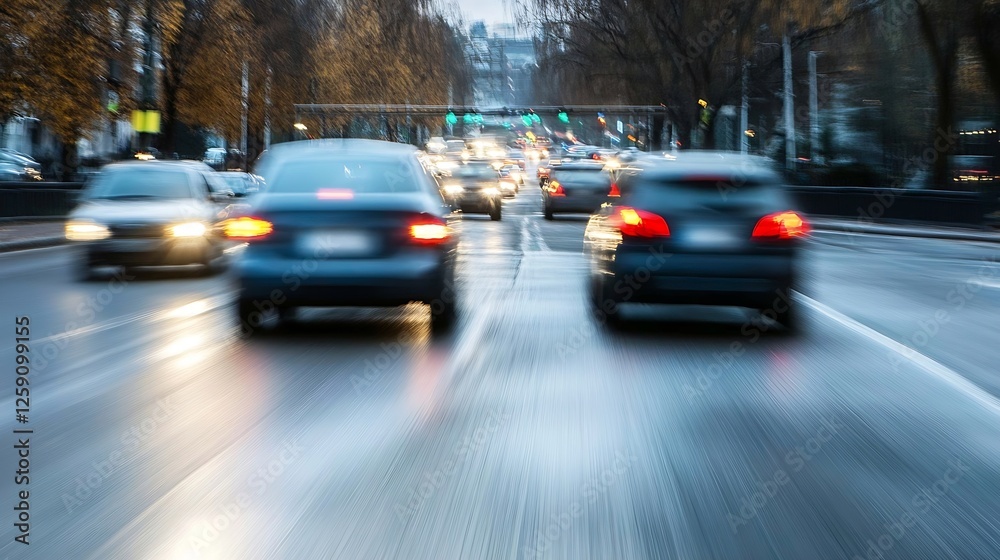 Fototapeta premium Busy Urban Street with Blurred Motion of Cars and Colorful Traffic Lights in a Vibrant City : Generative AI
