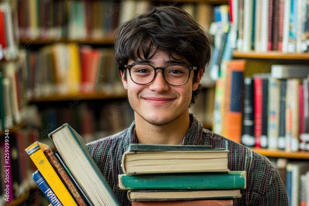 A Young Student in a Library Holding a Stack of Books A Young Student in a Library Holding a Stack of Books