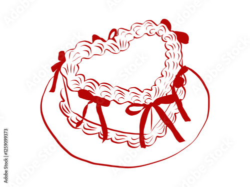 Girly cake heart shape of hand drawn line art style. Coquette cute birthday sweets with bow and ribbon for Birthday and Valentine day invitations templates. Doodle vector illustration