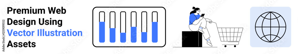 Bar chart with data progression, woman scrolling phone beside shopping cart, global interconnected network icon. Ideal for business, e-commerce, analytics, technology, marketing, web design flat Bar chart with data progression, woman scrolling phone beside shopping cart, global interconnected network icon. Ideal for business, e-commerce, analytics, technology, marketing, web design flat