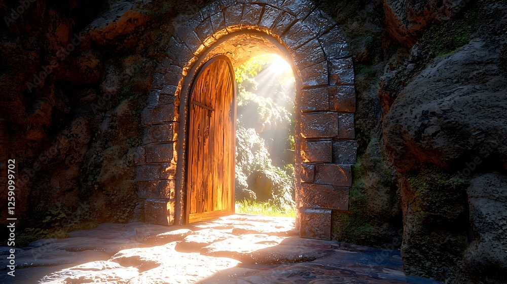 Fototapeta premium Cave entrance, sunlight, stone arch, wooden door, mystical path.