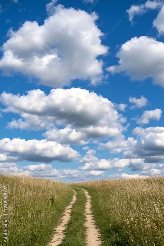 Idyllic Pathway Meandering Through Green Field Under Bright Sky with Fluffy Clouds : Generative AI Idyllic Pathway Meandering Through Green Field Under Bright Sky with Fluffy Clouds : Generative AI