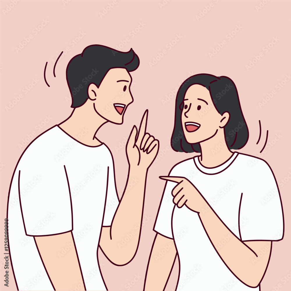 Happy Young Couple Chatting. A cheerful young man and woman laugh and share secrets on a pink background. Happy Young Couple Chatting. A cheerful young man and woman laugh and share secrets on a pink background.