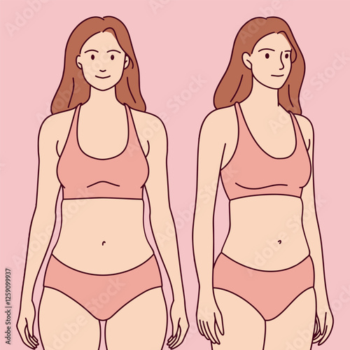 Young Woman in Pink Outfit. Smiling woman in a pink bikini or sportswear stands confidently against a pink background.