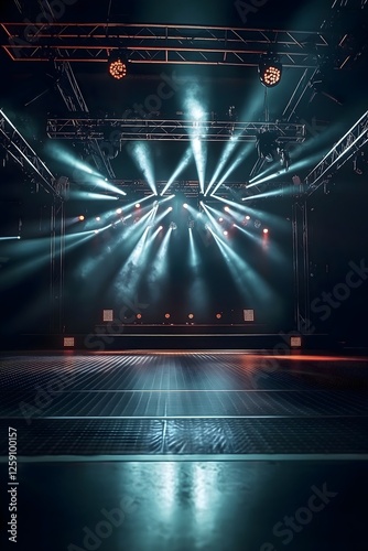 Empty Concert Stage with Dramatic Lighting and Fog – Music Venue, Live Performance, DJ Event, Nightclub, Stage Show, Festival Atmosphere, and Theater Lights