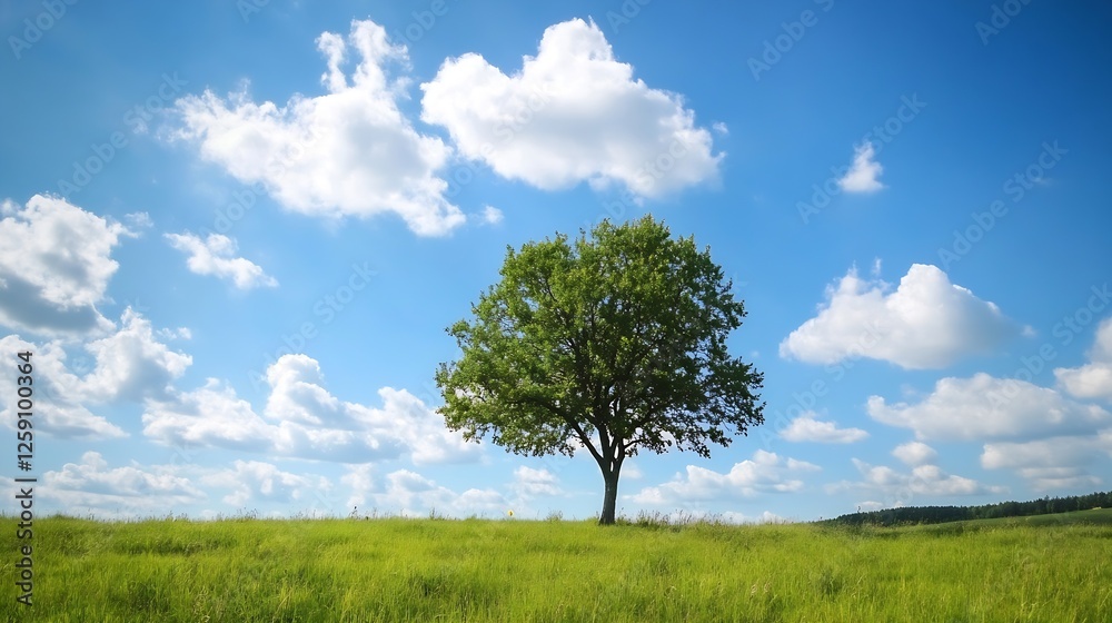 Lone Tree on a Green Field Under a Bright Blue Sky with Fluffy Clouds : Generative AI Lone Tree on a Green Field Under a Bright Blue Sky with Fluffy Clouds : Generative AI