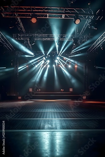 Empty Concert Stage with Dramatic Lighting and Fog – Music Venue, Live Performance, DJ Event, Nightclub, Stage Show, Festival Atmosphere, and Theater Lights