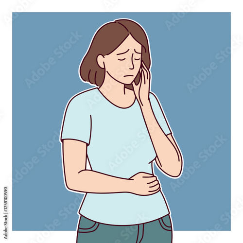 Young Woman with Toothache. A young woman with brown hair in a white t-shirt holds her cheek in pain, indicating a toothache. The background is blue.