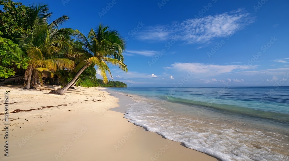 Obraz premium Serene Tropical Beach with Gentle Waves and Palm Trees : Generative AI