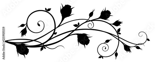 Black silhouette of a branch with rosebuds and leaves isolated on a white background. Floral vintage decorative element with rosebuds. Vector illustration