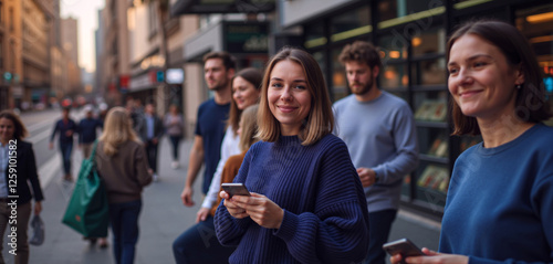 Diverse group of people walking on busy city street with smartphones. The concept is of city life, urban lifestyle, connectivity, and people. Suitable for urban, lifestyle, and technology content