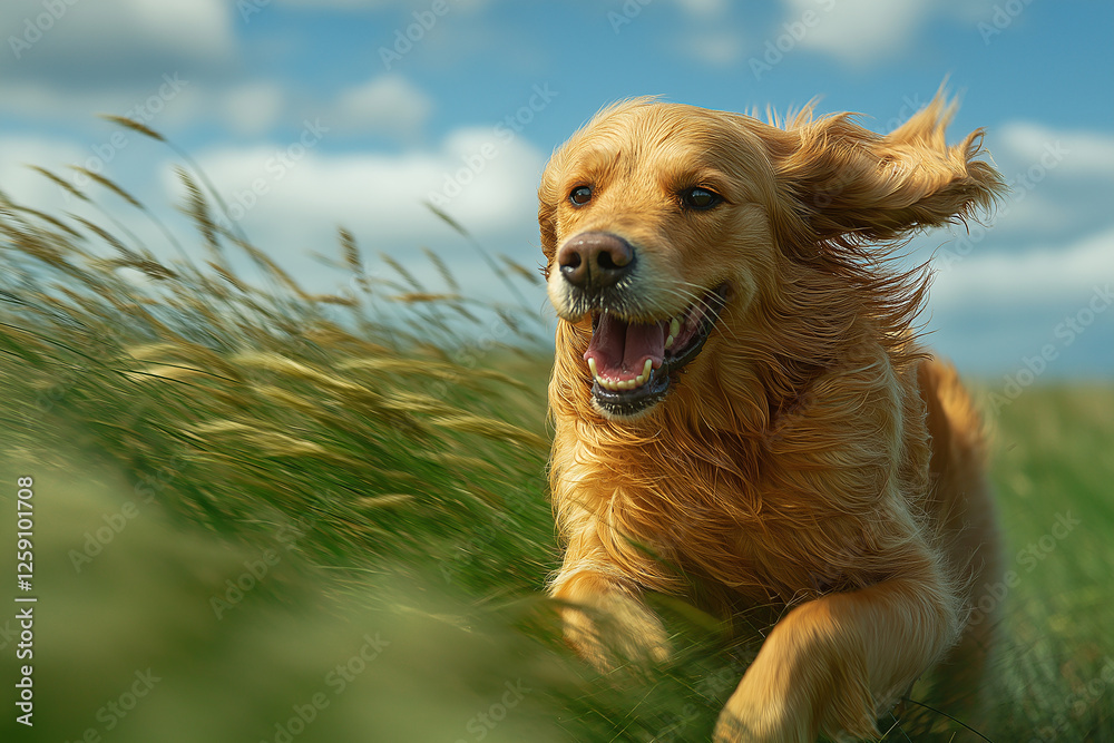 Golden Retriever dog enjoying nature, running happy in the field with fur playful and active Golden Retriever dog enjoying nature, running happy in the field with fur playful and active