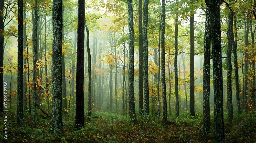 Naklejka premium Misty Autumn Forest Scene with Golden Sunlight