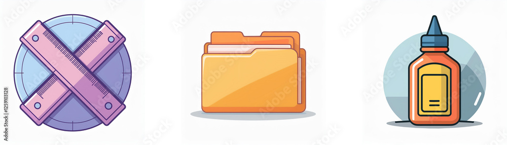 Three icons: a crossed planks symbol, an open folder, and a glue bottle, all depicted in a simple, cartoonish style on a plain backdrop. Three icons: a crossed planks symbol, an open folder, and a glue bottle, all depicted in a simple, cartoonish style on a plain backdrop.