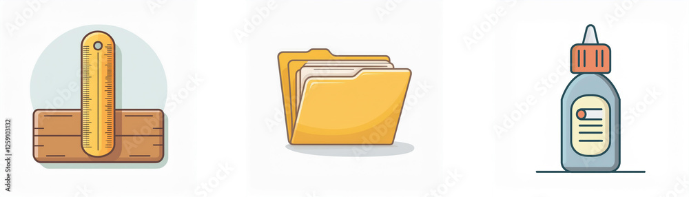 Three vector icons depict office supplies: a wooden stamp with handle, a yellow file folder, and a blue bottle of glue with a red cap and nozzle. Three vector icons depict office supplies: a wooden stamp with handle, a yellow file folder, and a blue bottle of glue with a red cap and nozzle.