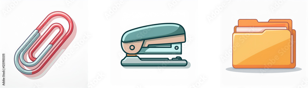 Office icons showing a paperclip, stapler, and folder. Representing document organization and essential office supplies for paperwork. Office icons showing a paperclip, stapler, and folder. Representing document organization and essential office supplies for paperwork.