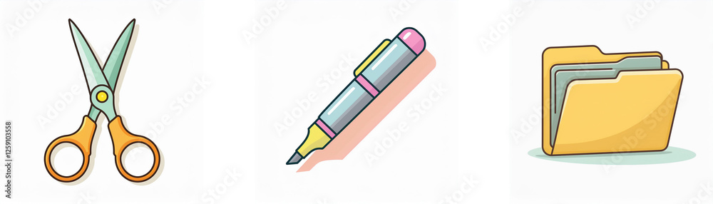 A set of cartoon icons featuring scissors, a pen, and a folder, commonly used for office supplies or stationery.