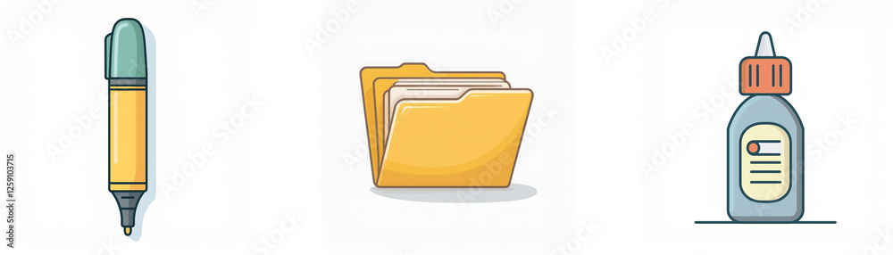 Three distinct icons depict stationery items: a yellow and green marker, an open yellow folder, and a bottle of glue, all isolated on a white background. Three distinct icons depict stationery items: a yellow and green marker, an open yellow folder, and a bottle of glue, all isolated on a white background.