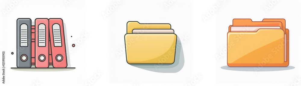 Three icons depict office file organization: ring binders in gray and pink, a yellow folder with documents, and an orange file folder. Three icons depict office file organization: ring binders in gray and pink, a yellow folder with documents, and an orange file folder.