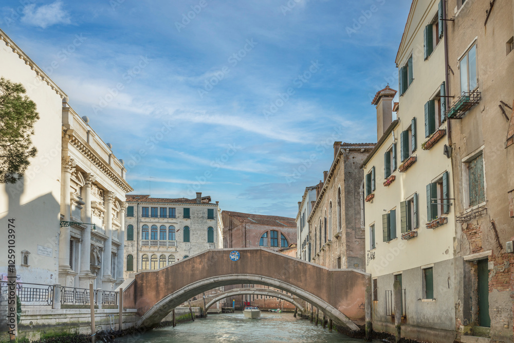 Inland canals with their bridges and old buildings are the waterways of Venice, Italy, 2019 Inland canals with their bridges and old buildings are the waterways of Venice, Italy, 2019