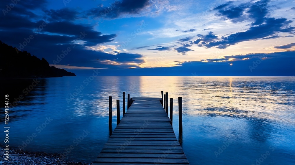 Fototapeta premium Scenic Lakefront Jetty at Sunset Illuminated by Rays of Pink and Blue Sky : Generative AI